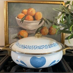 vintage CorningWare casserole dish in the Blue Hearts pattern